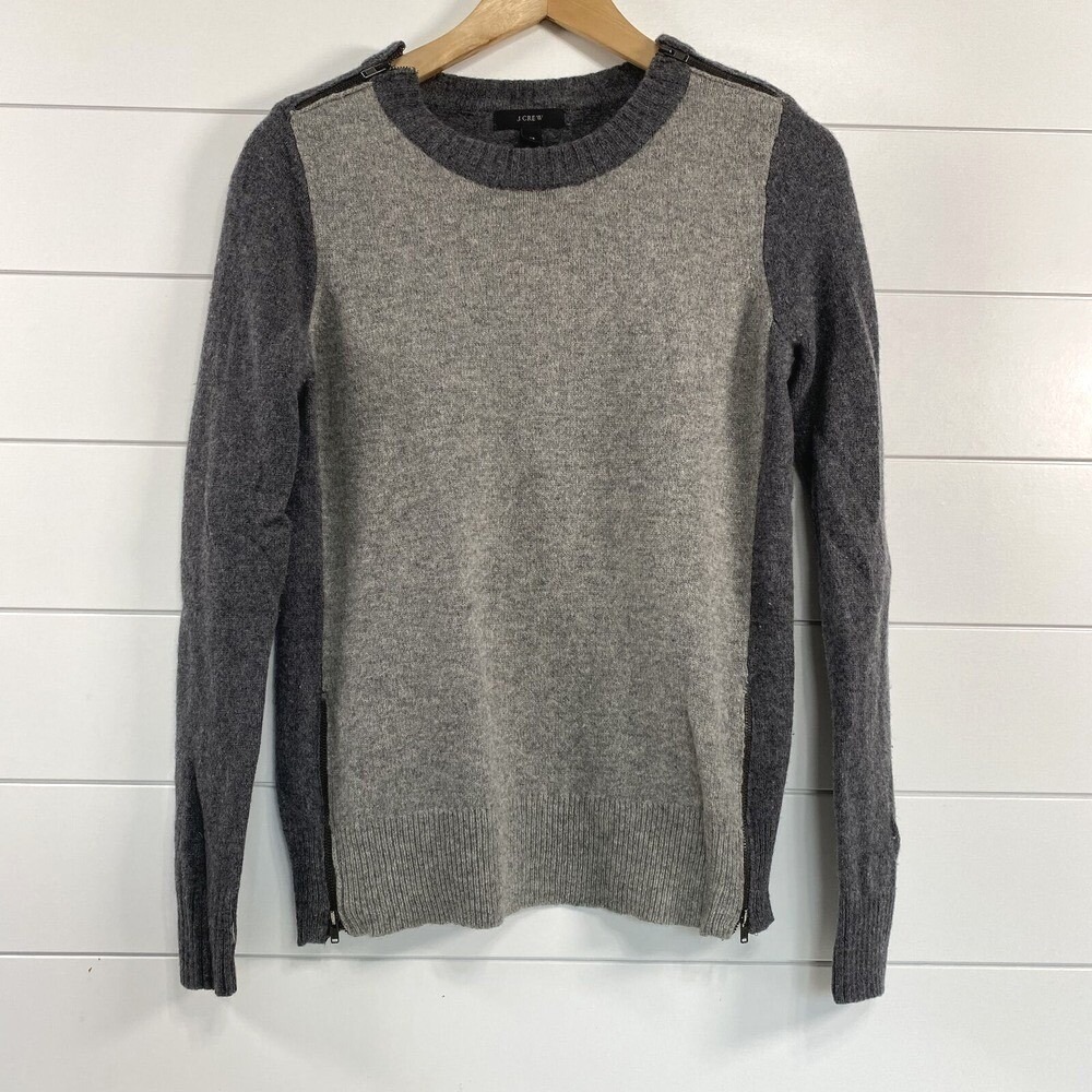 J. Crew Womens Merino Wool Zipper Crewneck Sweater Jumper sz XS Gray Preppy Edgy